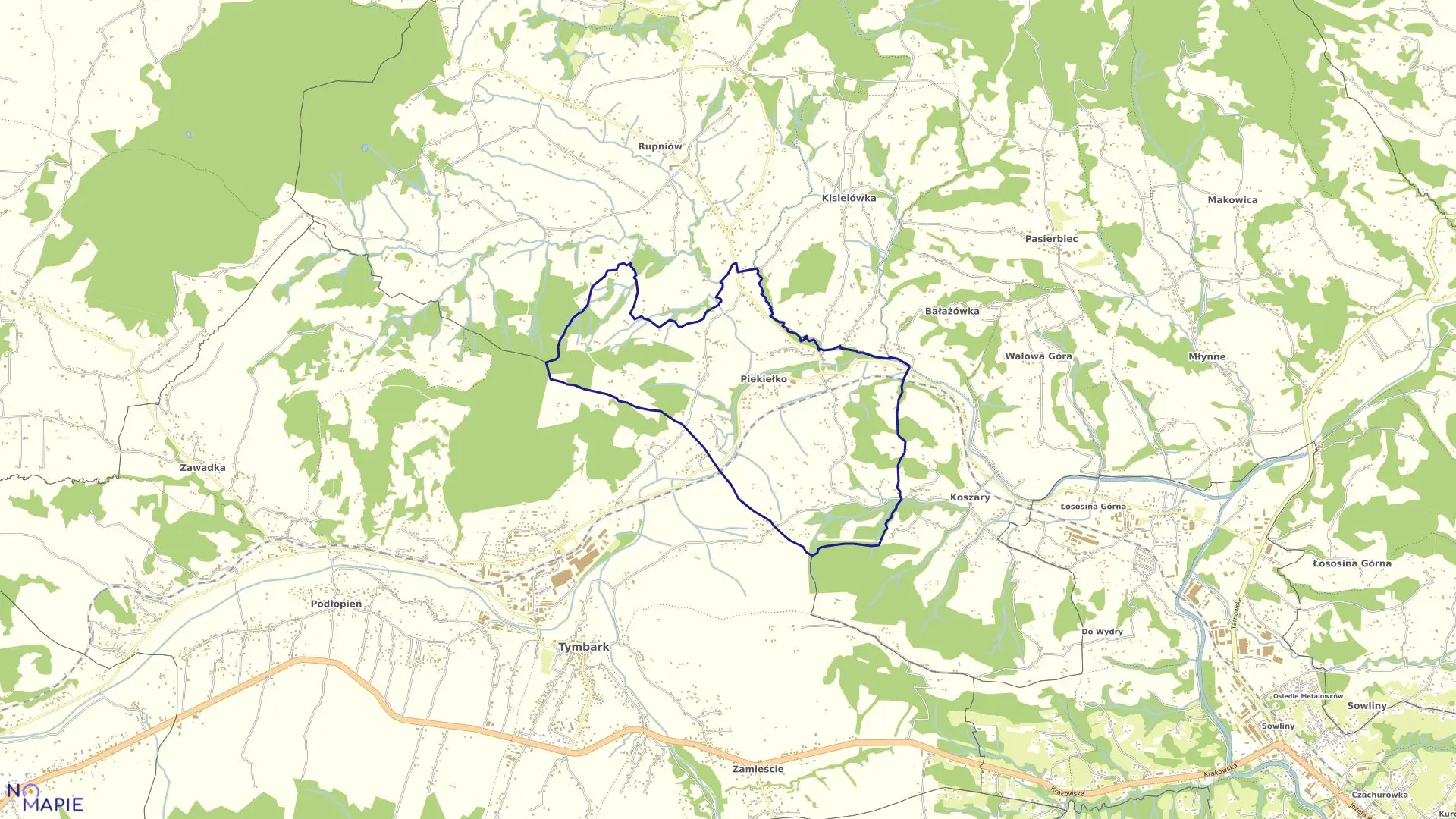 Mapa obrębu Piekiełko w gminie Tymbark