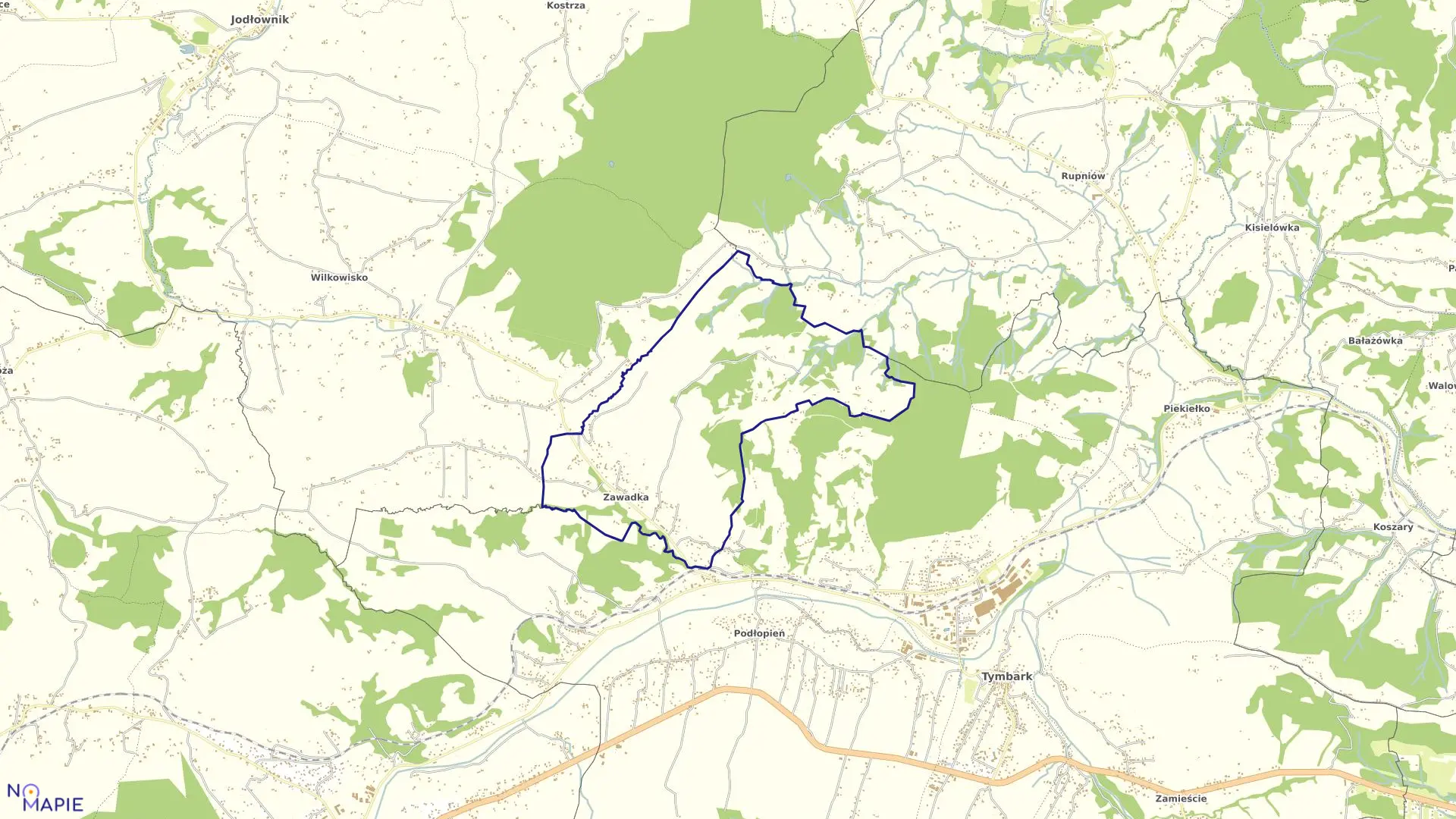 Mapa obrębu Zawadka w gminie Tymbark